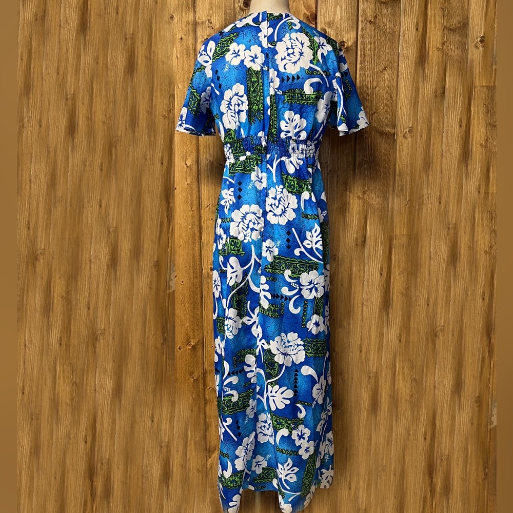 Vintage Royal Hawaiian 12 Blue White V-neck Maxi Dress - Picture 5 of 9